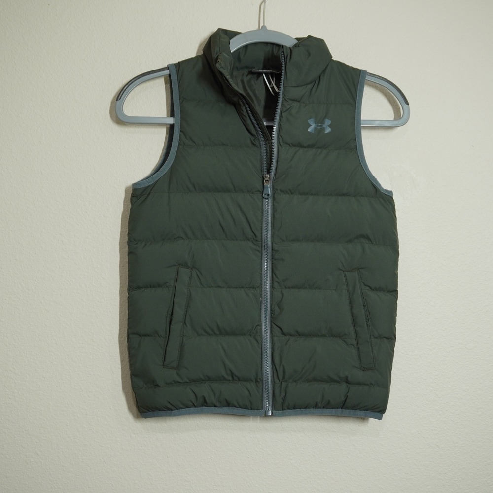 Under Armour Boys Size Small Dark Green Puffer Vest ColdGear Storm Full Zip